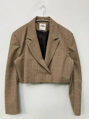 ZARA ザラ テーラードジャケット XL ベージュ チェック柄 ショート丈 フードなし シングル