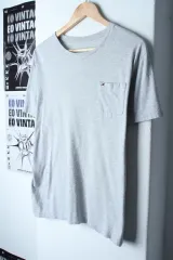 (M-L) Tommy Hilfiger トミーヒルフィガー 半袖 Tシャツ 使用感 ポケット グレー -7592