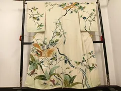 平和屋着物●アンティーク　大正ロマン　訪問着　手描き　駒刺繍　飛鳥草木文　金彩　正絹　逸品　AABI0476ph