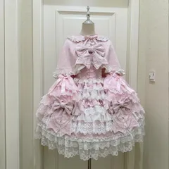 ロリータドレス3点セット JSK＋ケープ＋うさみみ姫袖ブラウス ピンク 姫系 フリル リボン レース パール 豪華 上品 甘ロリ ゴスロリ クラシカルロリータ イベント 撮影 コスプレ コンカフェ 衣装