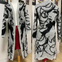 アンゴラニット ロング カーディガン 黒白 パイナップル アート デザイン