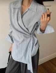 美品△LOVELESSラブレス//ラメストライプブラウス△リネン混 ブラウン