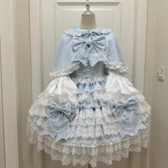 ロリータドレス3点セット JSK＋ケープ＋うさみみ姫袖ブラウス サックスブルー 姫系 フリル リボン レース パール 豪華 上品 甘ロリ ゴスロリ クラシカルロリータ 水色ロリータ イベント 撮影 コスプレ コンカフェ 衣装