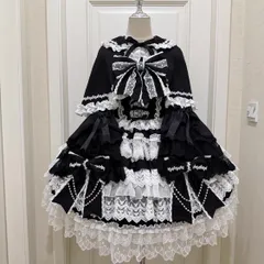 ロリータドレス3点セット JSK＋ケープ＋うさみみ姫袖ブラウス ブラック 姫系 フリル リボン レース パール 豪華 上品 甘ロリ 黒ロリ ゴスロリ クラシカルロリータ イベント 撮影 コスプレ コンカフェ 衣装