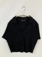 ZARA ザラ Tシャツ/カットソー USA L ブラック 無地 ショート丈 半袖 Vネック