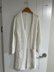 (日本 ヴィンテージ) ニット 編み カーディガン Long アイボリー 白