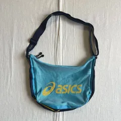 希少　archive　asics　アシックス　メッシュ生地　ショルダーバッグ　肩掛け　デカロゴプリント　配色フチライン　ライトブルー×イエロー×ネイビー　ワンポイント刺繍タグ　軽量　テック系　Y2K　ストリート　C-BOY　mesh shoulder bagのサムネイル