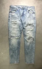 アメリカイーグル ダメージ スキニー ジーンズ NEXT LEVEL FLEX W32 L30 ストレッチ 抜群 クラッシュ 加工 デニム パンツ AMERICAN EAGLE メンズ 伸縮 濃淡 美脚 スリム テーパード ライトブルー 水色