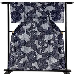 【美品】 浴衣 身丈156.5cm 裄丈63cm S 絞り浴衣 花唐草 流水 紺色 綿 名品 【中古】