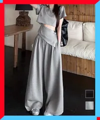 新品 クロップド丈トップス ワイドパンツセット 韓国風 リラックス 楽ちん 着やせ夏服 サマーパンツセット【送料無料】