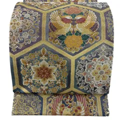 【美品】 袋帯 秀品 向かい鳥 華文 金糸 唐織 灰茶 六通 正絹 【中古】