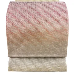【美品】 袋帯 秀品 よろけ縞 幾何学 金糸 箔 薄ピンク 全通 正絹 【中古】