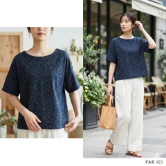 PAR ICI パーリッシイ【F】半袖Tシャツ ネイビー ドット柄 綿 インド製のサムネイル