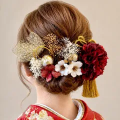 髪飾り 成人式 結婚式 ダークレッドダリア×林檎の花  和モダン 水引 振袖 花嫁和装 ドライフラワー