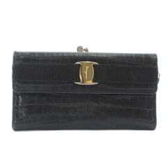 Salvatore Ferragamo リボン クロコ型押し レザー長財布 Salvatore Ferragamo Varaリボン クロコ型押し長財布（深赤