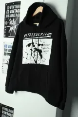 (L-XL) リートリバークラブ フード付きTシャツ ビックロゴ ブラック オールドスクール-169BA
