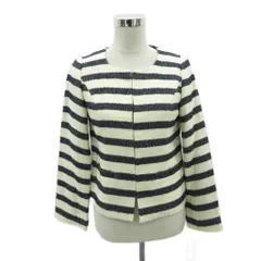 ナチュラルビューティーベーシック NATURAL BEAUTY BASIC ノーカラージャケット ミドル丈 L 紺 ネイビー ボーダー柄 /SM26 ■GY58