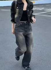 ブラックデニム ジャケット + ワイドパンツ セットアップ セット S