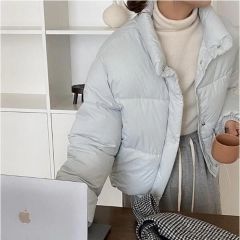 ショート丈 衿ファイクファー エコダウンジャケット サックスブルー M 