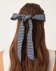 エイソス レディース アクセサリー ヘアアクセサリー ASOS DESIGN long length striped hair bow and Navy Multi ネイビーのサムネイル