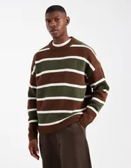 エイソス メンズ アウター ニット・セーター クルーネック ASOS DESIGN oversized knit crew neck sweater and brown stripe BROWN ブラのサムネイル