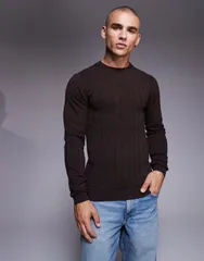 エイソス メンズ アウター ニット・セーター Tシャツ ニット ASOS DESIGN muscle fit long sleeve knit rib Tshirt BROWN ブラウンのサムネイル