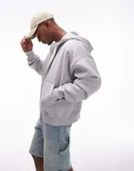 トップマン メンズ アウター パーカー・スウェット パーカー Topman premium heavyweight oversized full zip hoodie heather Gray Heaのサムネイル