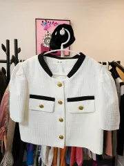 白 半袖 ツイード ジャケット ゴールド ボタン セットアップ
