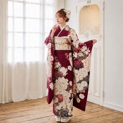 振袖フルセット オーダー仕立て 臙脂色 マルーン 牡丹 刺繍 成人式 