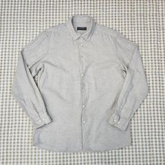 美品 近年モデル 鎌倉シャツ リネン100% 長袖シャツ グレー水色系 L 