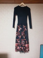 日本デザイナーニットトップス オーガンザ 刺繍 レース マキシロング ONE PIECE