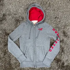 ホリスター Hollister ダークグレイ レッド ロゴ 起毛 フードジップアップ ユニセックス S
