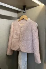 レディース 春 ツイードジャケット ピンク ノーカラー 結婚式 ゲストルック オフィス デートルック
