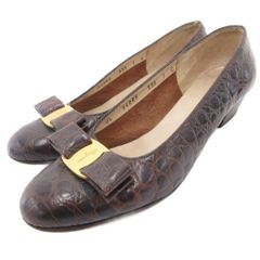 FERRAGAMO フェラガモ パンプス 8B ヴァラ クロコ型押し リボン 茶