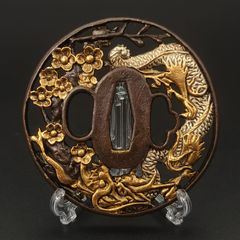 刀鍔 桜龍の図 鍔立付 XG01 鍔 銅地 細工 金銀メッキ 日本刀装具