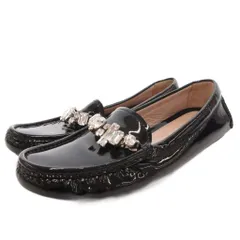 ミュウミュウ miumiu フラットシューズ ローファー ビジュー カットストーン エナメル 36 黒 ブラック /FF ■GY62