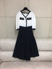 FW22年 The HANDSOME OBZEE オブジェ 正規品 バイカラー プリーツ ロング丈ワンピース ブラック/白