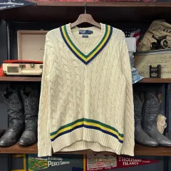 90s ポロ ラルフローレン ハンドニット カラーLINE ケーブル クリケットセーター N1167
