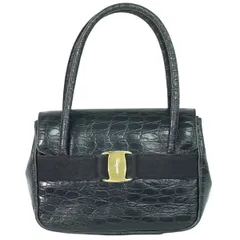 本物 サルヴァトーレ フェラガモ Salvatore Ferragamo ヴァラ リボン ハンドバッグ クロコダイル型押し レザー ネイビー Vara バッグ 中古・のサムネイル