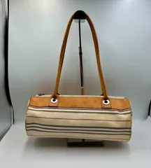 ⑤ BURBERRY バーバリー 筒型 肩掛け ハンドバッグ ボーダー キャンバス レザー ⭐︎58