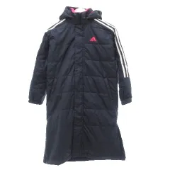 アディダス adidas 美品 ベンチコート ボア 長袖 ロング丈 フード付き J140 紺 ネイビー ピンク /SD ■ECF004