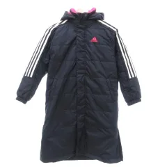アディダス adidas 美品 ベンチコート ボア 長袖 ロング丈 フード付き J140 紺 ネイビー ピンク /SD ■ECF004