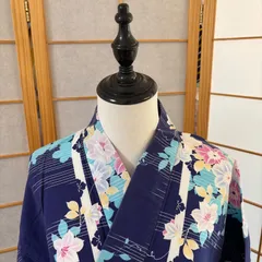 浴衣　身丈158 綿 　紺色　ピンク　水色　花柄　レディース　洗える浴衣