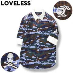 【美柄】 ラブレス LOVELESS 七分袖 ボタンダウン シャツ ラウンドヘム ロゴ 刺繍 2 迷彩柄 x ギンガムチェック柄 総柄 マルチカラー シティールック カジュアル ウェア メンズのサムネイル
