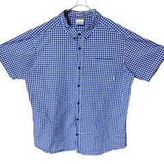 CHM Columbia 半袖 ギンガムチェック シャツ XXL メンズ レディース ユニセックス 古着 コロンビア ブルー ホワイト ボタンダウン コットン アウトドア アメカジ