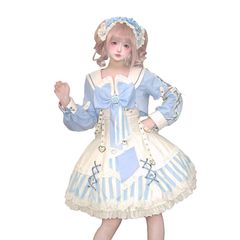 [Brand New] [XHSUKADO] Light Blue 4-Piece Set - Cute and Sickly Style Sailor Collar, Detachable Arm Covers, Women's Clothing, Stripe, A-Line, Angelic/Earthly Style, Ribbon, Frill, Lace-up, Heart Metal Buckle, 6-Way, Spring, Summer, Autumn, Winter, Blue, White