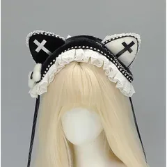 【新品】 [Acoolser] ヘッドドレス ハロウィンダークゴシックスタイルの ふわふわ猫耳 カチューシャロリータ ヘアアクセ コスプレ レース パンククロスネコ耳髪飾り (ブラック+ホワイト) 1