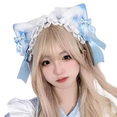 【新品】 猫耳 ヘッドドレス ロリータ ゴスロリ カチューシャ リボン ヘアアクセサリー レース 髪飾り コスプレ アクセサリー (ライトブルー, Free Size) 1