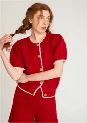 Sezane 半袖 カーディガン コーラル レッド オーガニックコットン