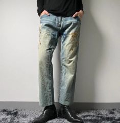DOPE&DRAKKAR ワイドストレートデニム ペンキ飛び ダメージ加工 赤耳 